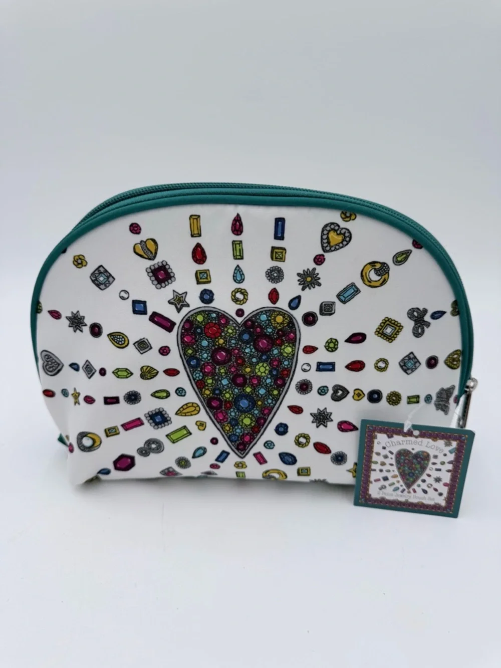 Brighton Charmed Love Cosmetic Bag Set 2pc NWT White Teal Jewelry Print Pouches